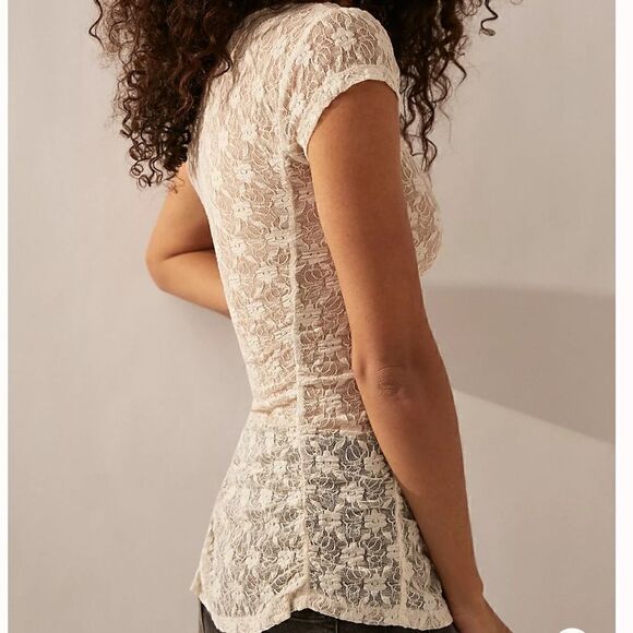NWOT Free People Keep It Simple Lace Baby Tee Ivory Ruched Semi Sheer Fitted XS - Picture 4 of 14
